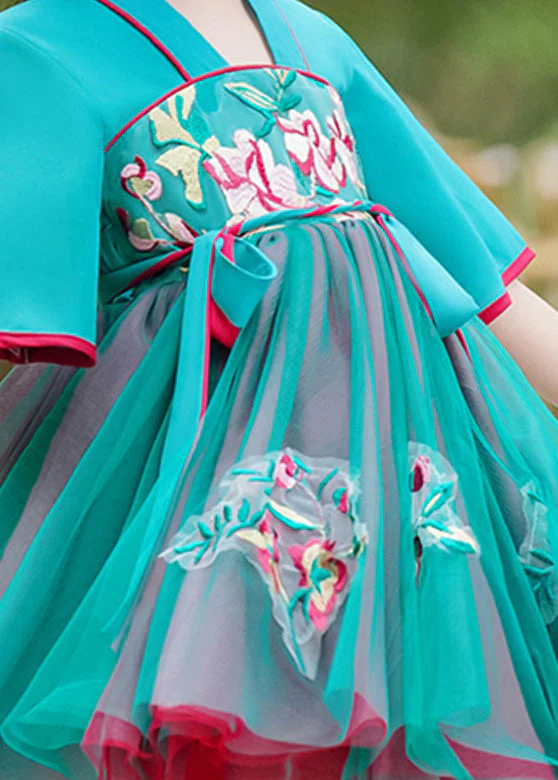 Cute Green Embroideried Tie Waist Tulle Girls Mid Dress Summer - Image 5