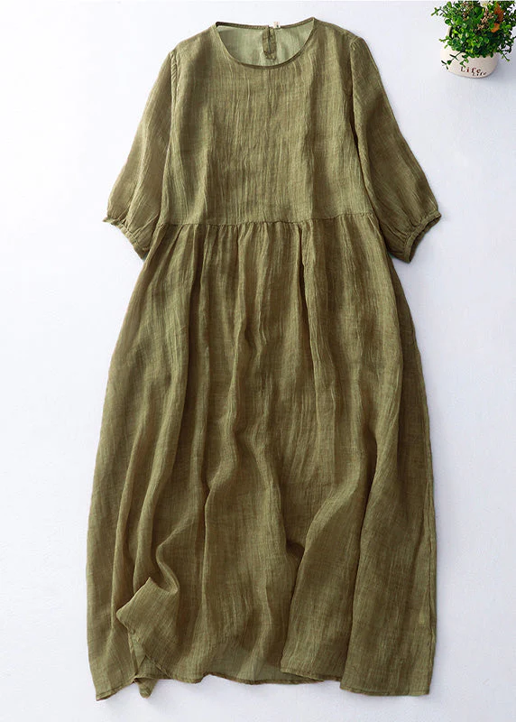 Cute Green O-Neck Patchwork Solid Linen Maxi Dress Short Sleeve