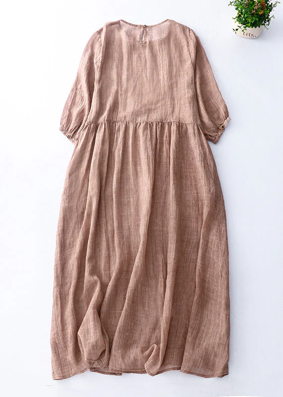 Cute Green O-Neck Patchwork Solid Linen Maxi Dress Short Sleeve - Image 3