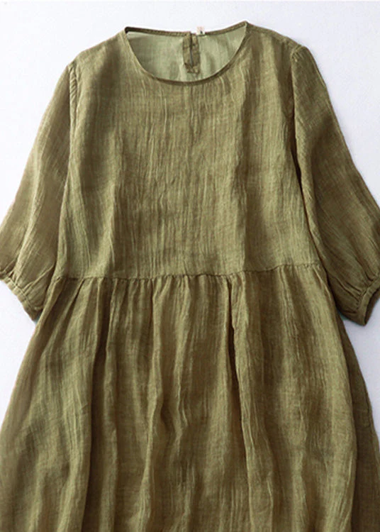 Cute Green O-Neck Patchwork Solid Linen Maxi Dress Short Sleeve - Image 4