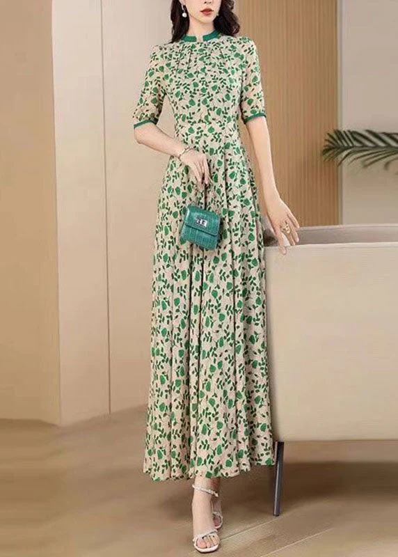 Cute Green O-Neck Print Wrinkled Chiffon Maxi Dresses Short Sleeve - Image 2