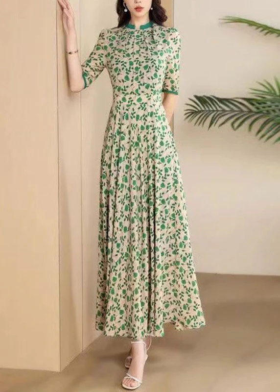 Cute Green O-Neck Print Wrinkled Chiffon Maxi Dresses Short Sleeve - Image 3