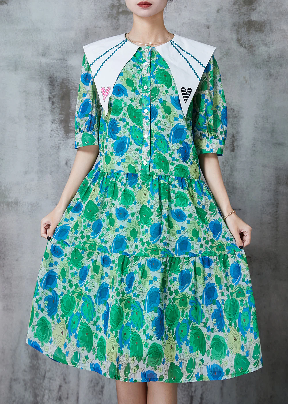 Cute Green Peter Pan Collar Print Chiffon A Line Dress Summer - Image 2