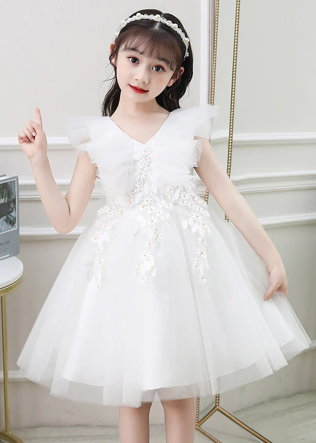 Cute Green Ruffled Embroideried Daisy Tulle Kids Girls Long Dresses Summer - Image 3
