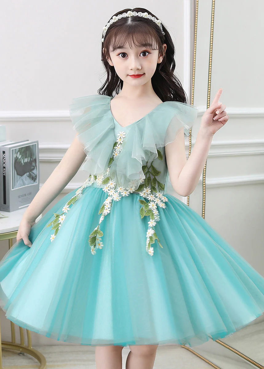 Cute Green Ruffled Embroideried Daisy Tulle Kids Girls Long Dresses Summer - Image 4