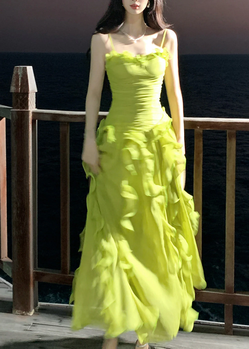 Cute Green Ruffled Patchwork Wrinkled Tulle Long Spaghetti Strap Dresses Sleeveless - Image 2