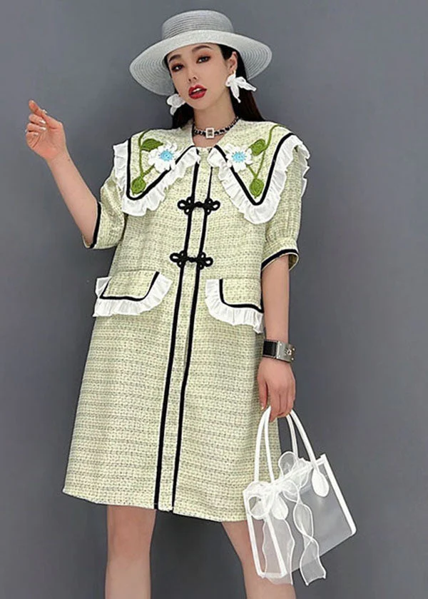 Cute Green Sailor Collar Patchwork Ruffled Cotton Maxi Dress Short Sleeve - Image 2