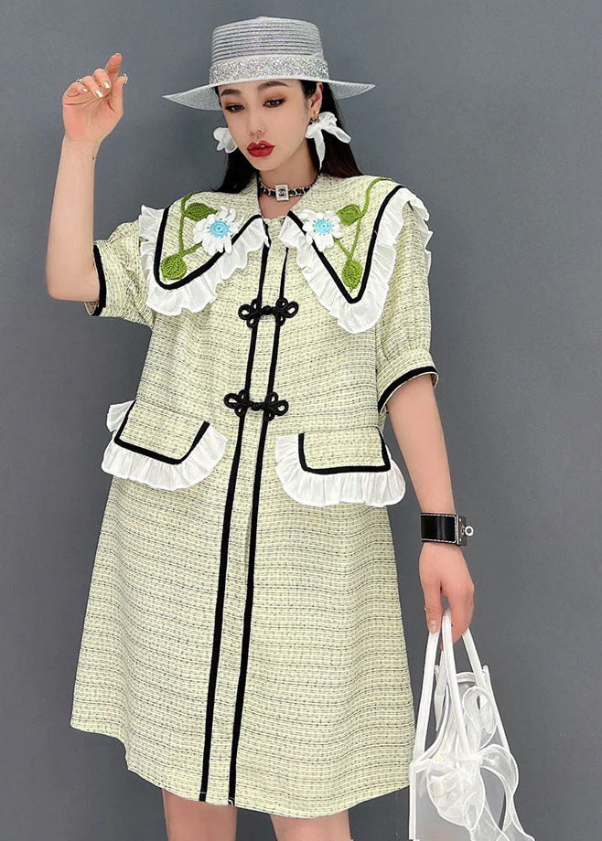 Cute Green Sailor Collar Patchwork Ruffled Cotton Maxi Dress Short Sleeve - Image 3
