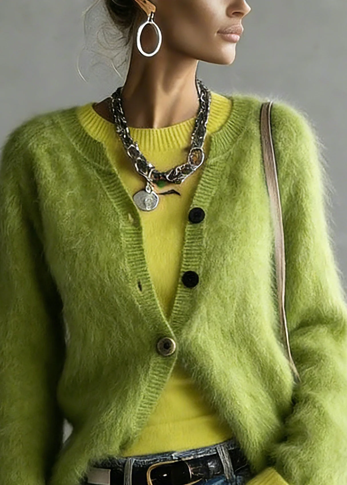 Cute Green V Neck Cotton Knit Cardigan And Top Two Pieces Set Spring - Image 2