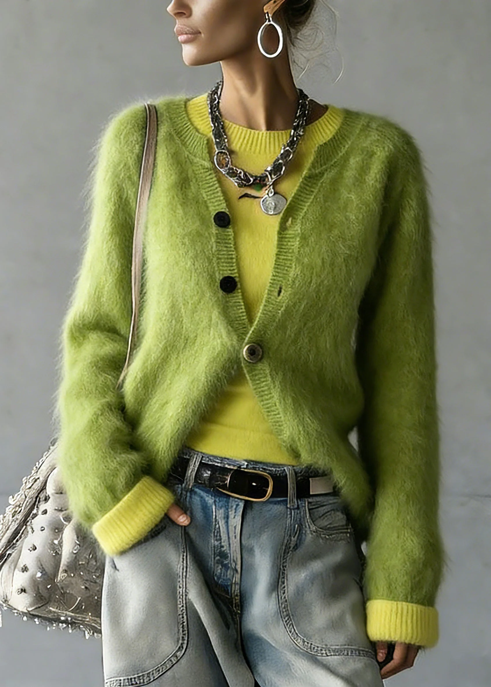 Cute Green V Neck Cotton Knit Cardigan And Top Two Pieces Set Spring - Image 3