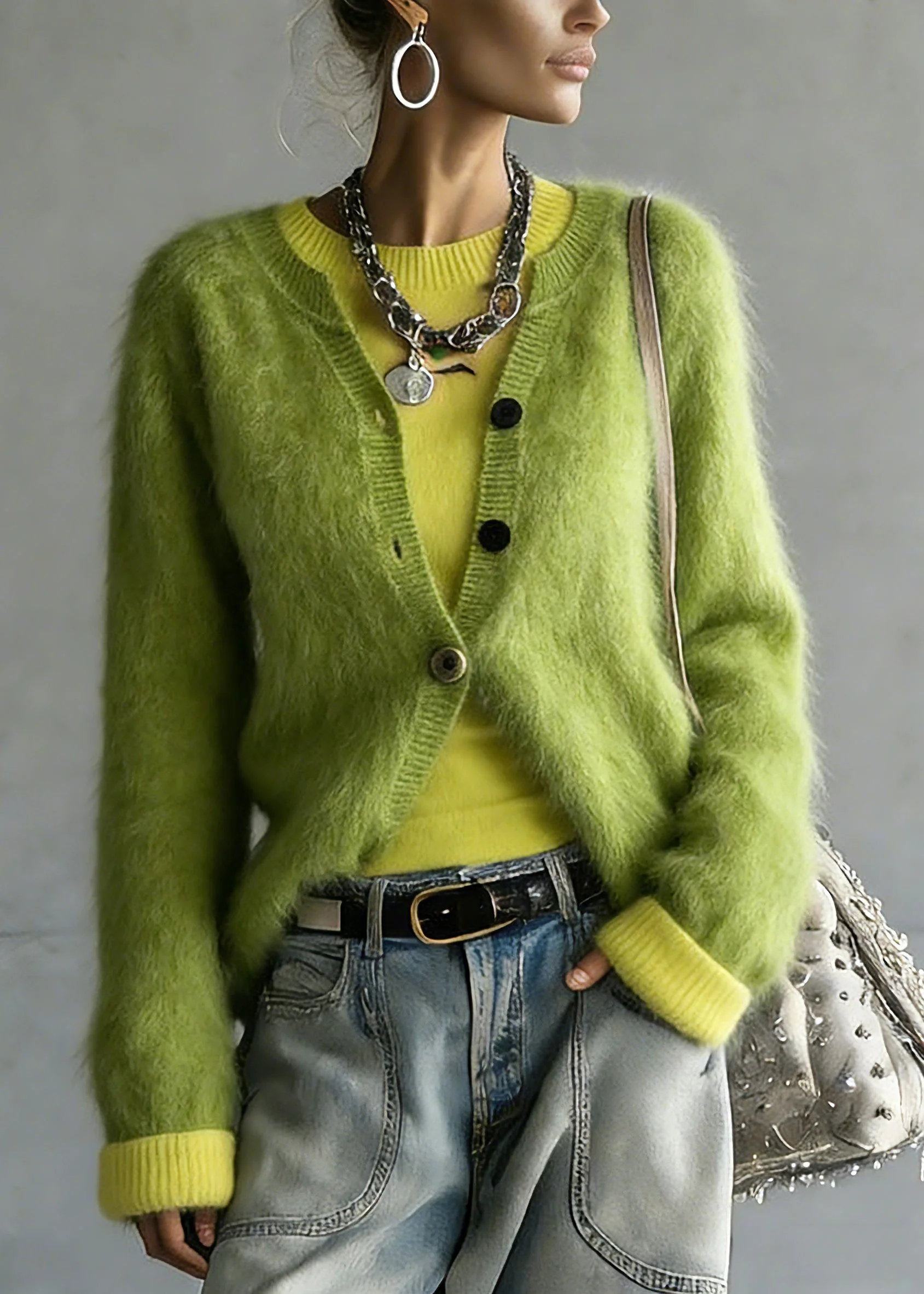 Cute Green V Neck Cotton Knit Cardigan And Top Two Pieces Set Spring - Image 5