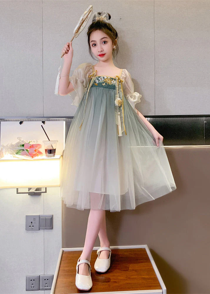 Cute Grey Green Square Collar Embroideried Patchwork Wrinkled Tassel Tulle Kids Girls Maxi Dresses Short Sleeve - Image 2