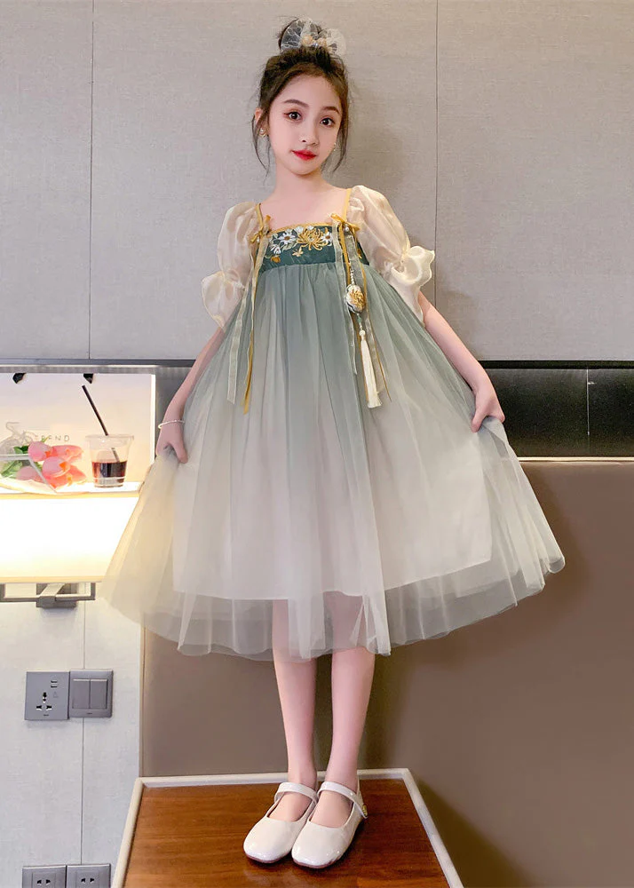 Cute Grey Green Square Collar Embroideried Patchwork Wrinkled Tassel Tulle Kids Girls Maxi Dresses Short Sleeve - Image 3