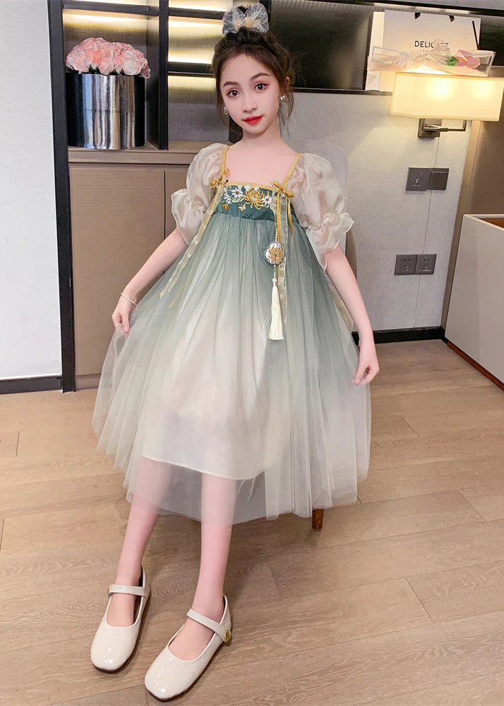 Cute Grey Green Square Collar Embroideried Patchwork Wrinkled Tassel Tulle Kids Girls Maxi Dresses Short Sleeve - Image 4