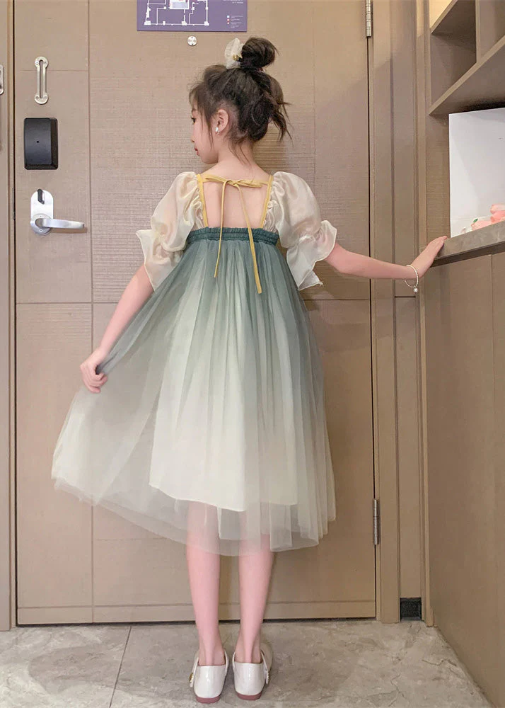 Cute Grey Green Square Collar Embroideried Patchwork Wrinkled Tassel Tulle Kids Girls Maxi Dresses Short Sleeve - Image 5