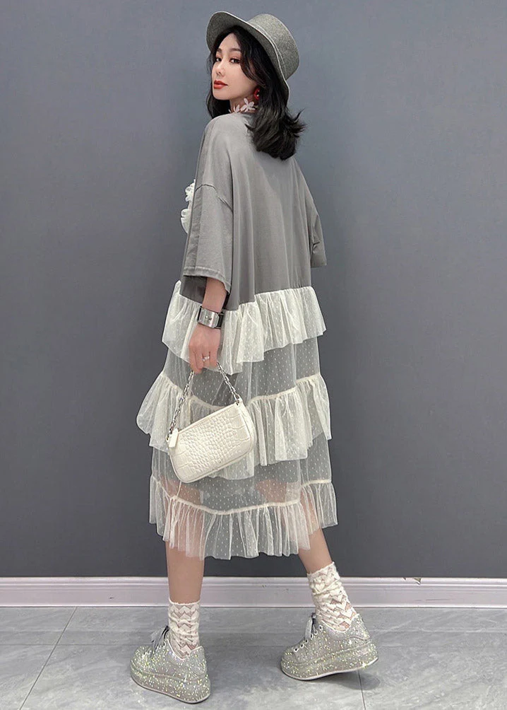 Cute Grey O-Neck Patchwork Tulle Dress Short Sleeve - Image 5