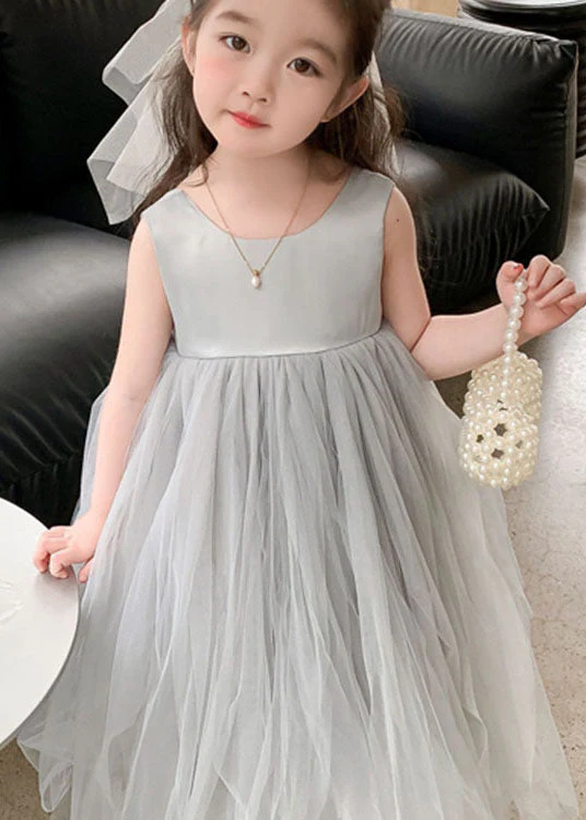 Cute Grey O Neck Wrinkled Patchwork Tulle Baby Girls Party Dress Sleeveless - Image 2