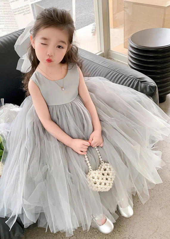 Cute Grey O Neck Wrinkled Patchwork Tulle Baby Girls Party Dress Sleeveless - Image 3