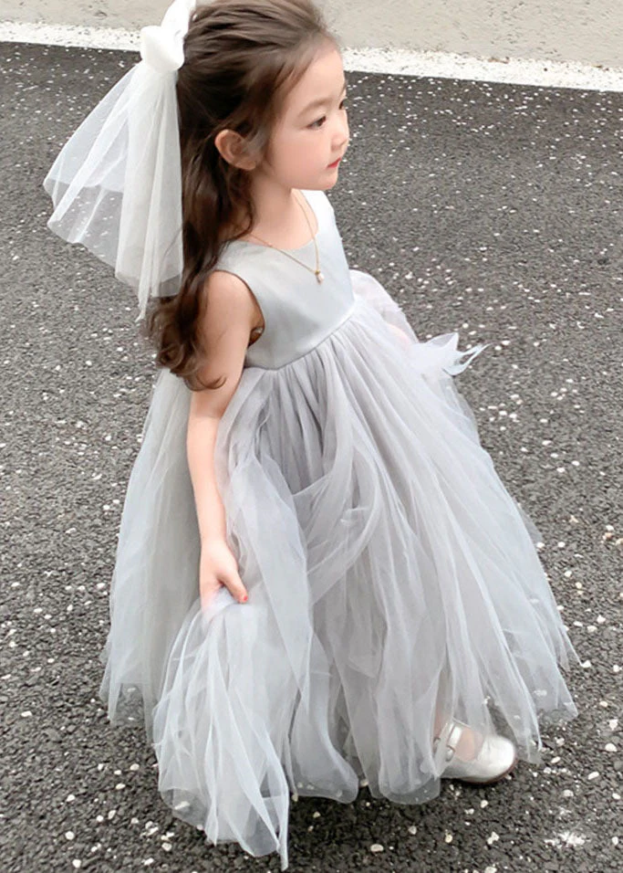 Cute Grey O Neck Wrinkled Patchwork Tulle Baby Girls Party Dress Sleeveless - Image 4