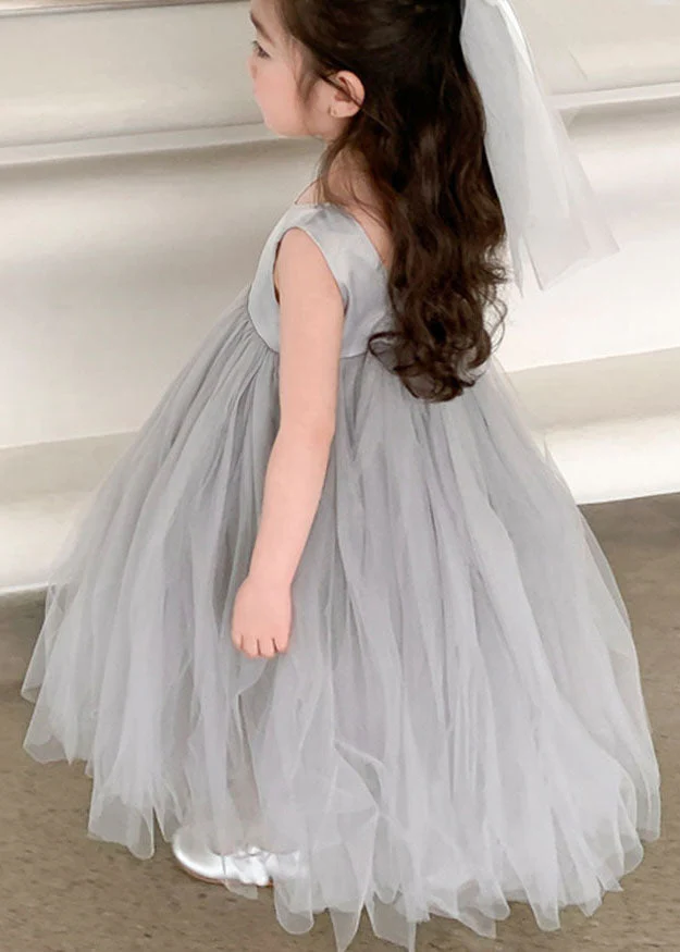 Cute Grey O Neck Wrinkled Patchwork Tulle Baby Girls Party Dress Sleeveless - Image 5