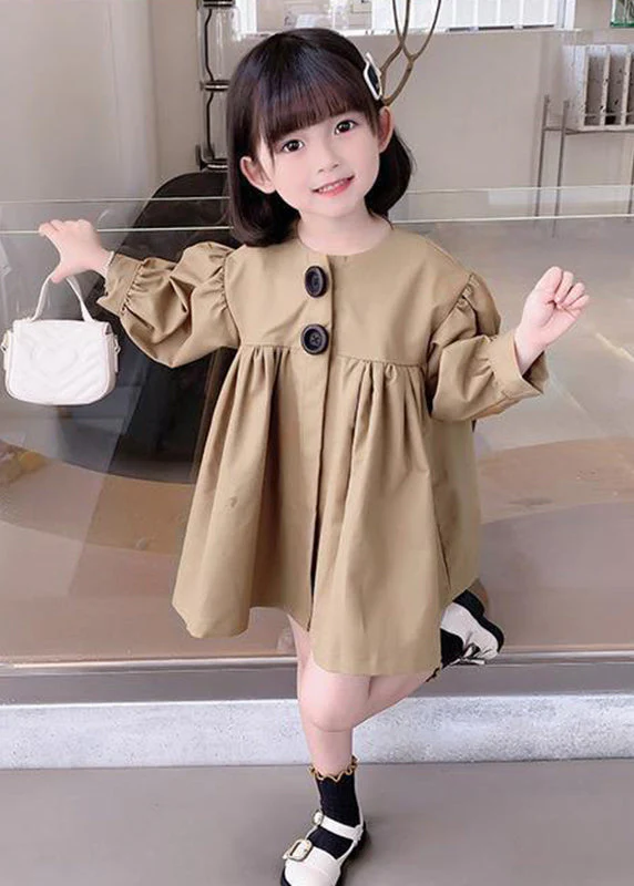 Cute Khaki O-Neck Patchwork Kids Mid Dresses Fall - Image 2