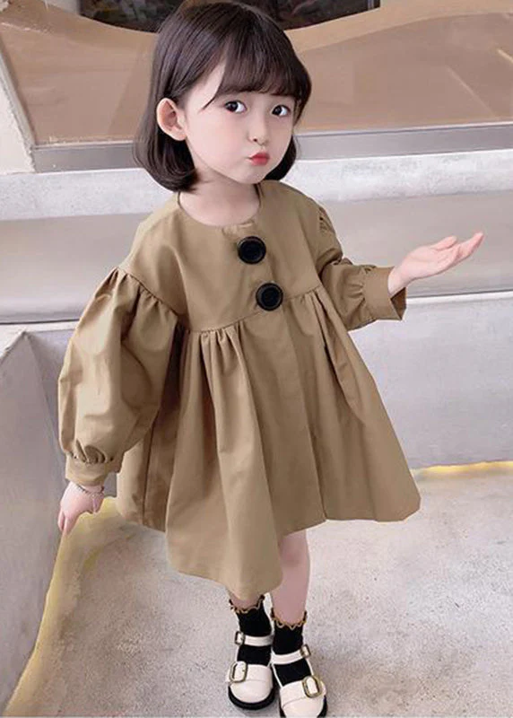 Cute Khaki O-Neck Patchwork Kids Mid Dresses Fall - Image 3
