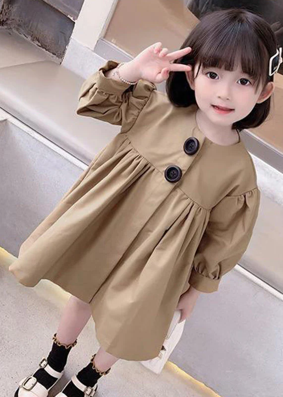 Cute Khaki O-Neck Patchwork Kids Mid Dresses Fall - Image 4