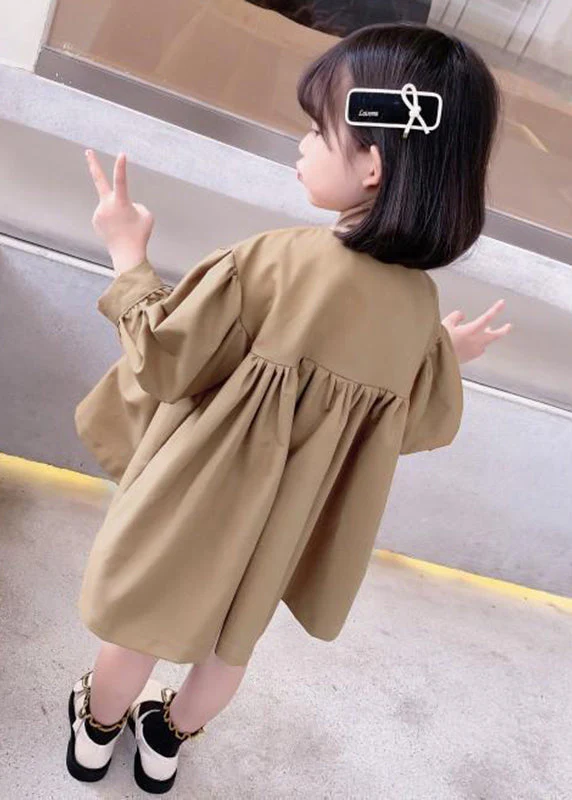 Cute Khaki O-Neck Patchwork Kids Mid Dresses Fall - Image 5