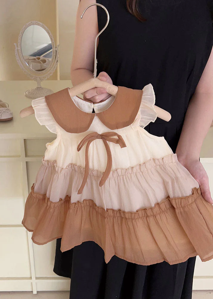 Cute Khaki Peter Pan Collar Ruffled Chiffon Kids Girls Dress Summer - Image 2