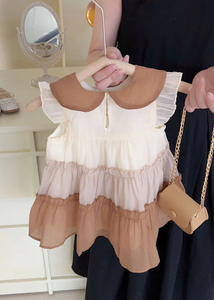 Cute Khaki Peter Pan Collar Ruffled Chiffon Kids Girls Dress Summer - Image 3