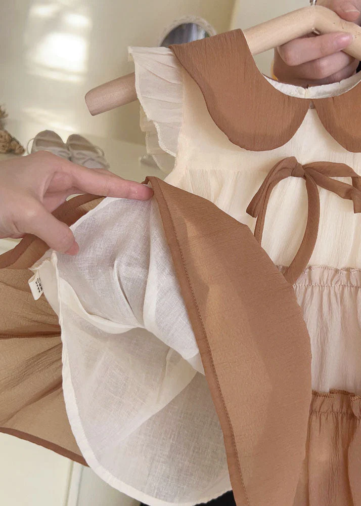 Cute Khaki Peter Pan Collar Ruffled Chiffon Kids Girls Dress Summer - Image 4