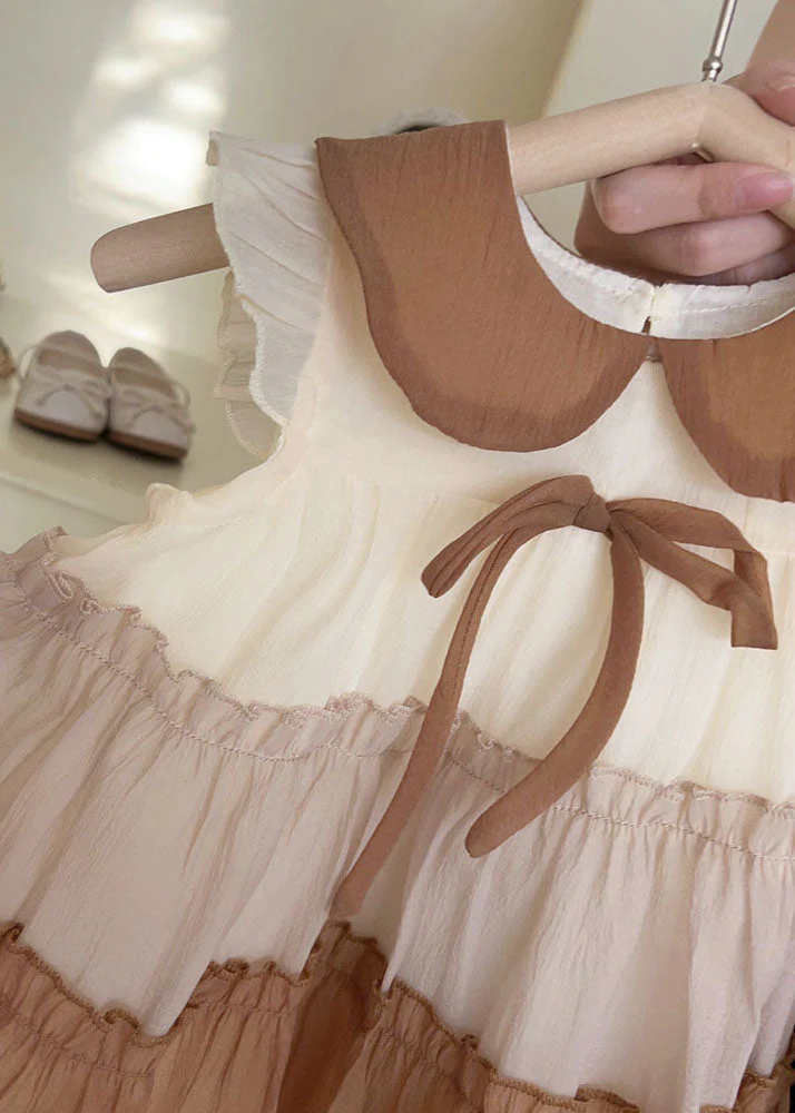 Cute Khaki Peter Pan Collar Ruffled Chiffon Kids Girls Dress Summer - Image 5