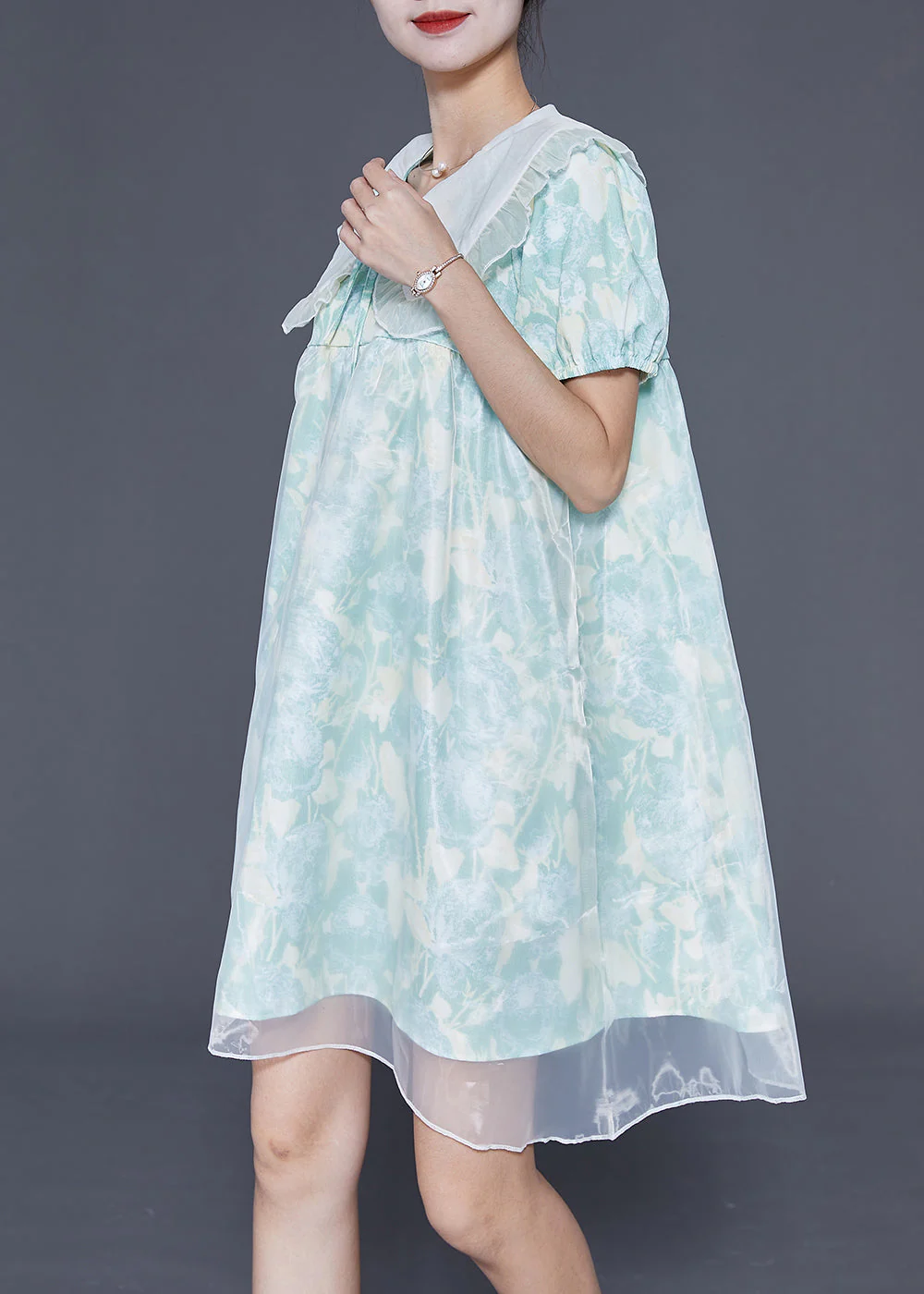 Cute Light Blue Bow Collar Print Tulle A Line Dress Summer - Image 2