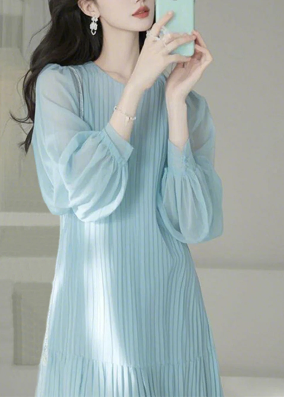 Cute Light Blue O-Neck Cinched Maxi Dresses Spring - Image 2