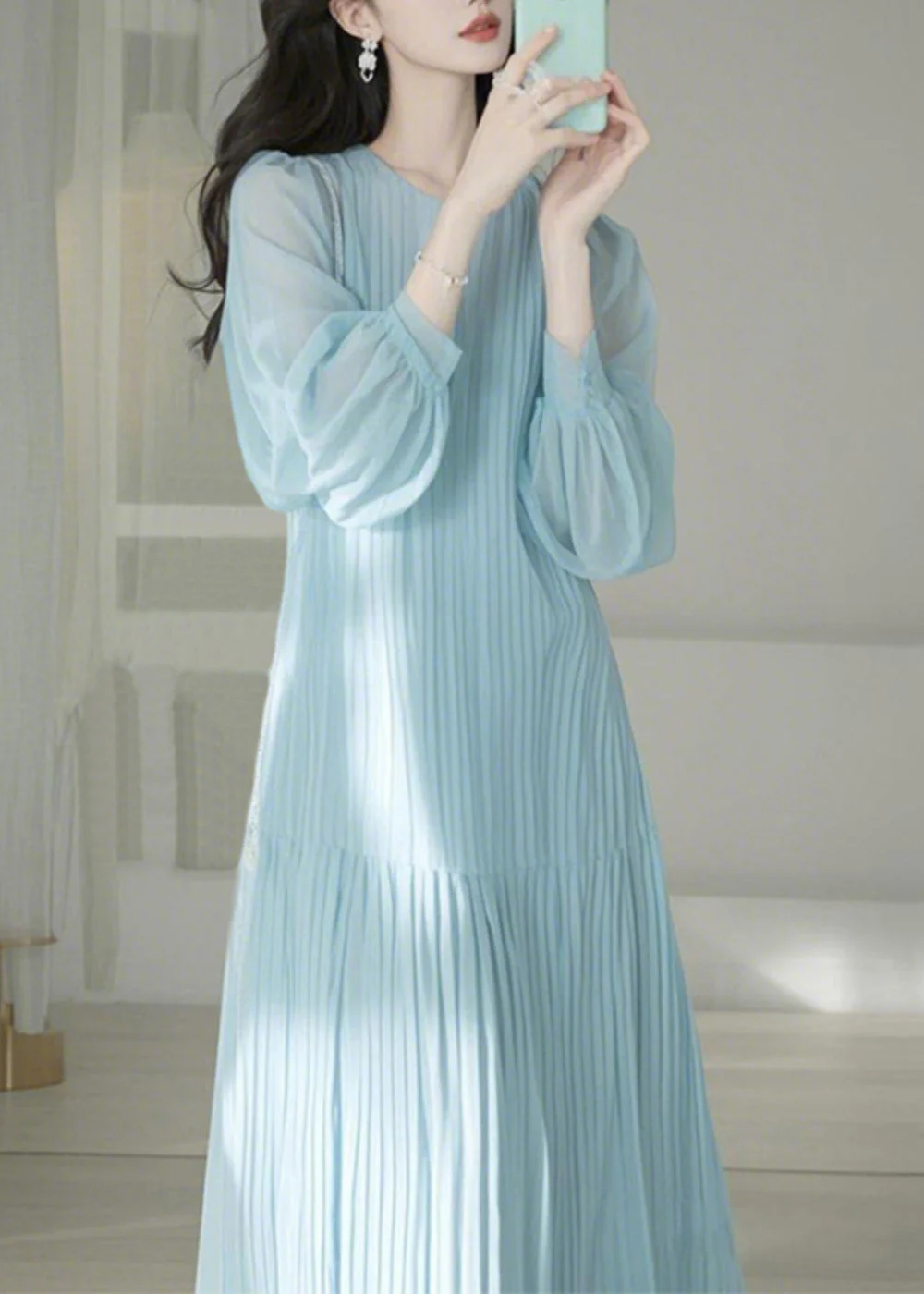 Cute Light Blue O-Neck Cinched Maxi Dresses Spring - Image 3