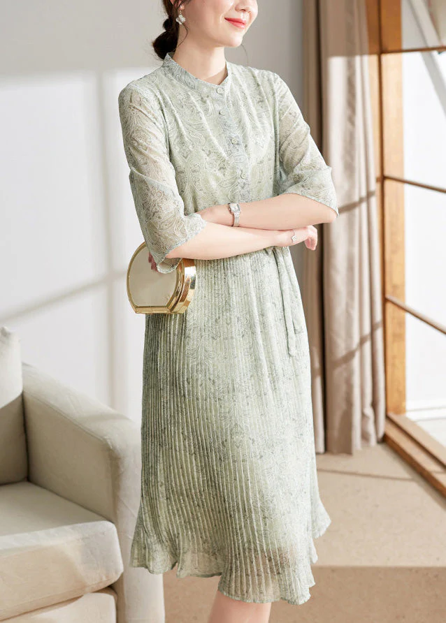 Cute Light Green Print Button Tie Waist Chiffon Holiday Maxi Dress Summer - Image 2