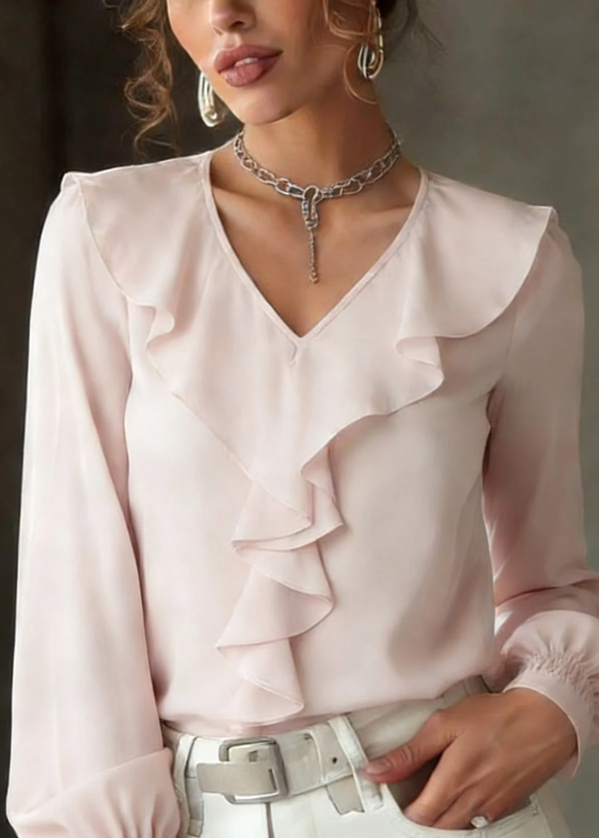 Cute Light Pink Ruffled Patchwork Silk Shirt Lantern Sleeve - Image 2