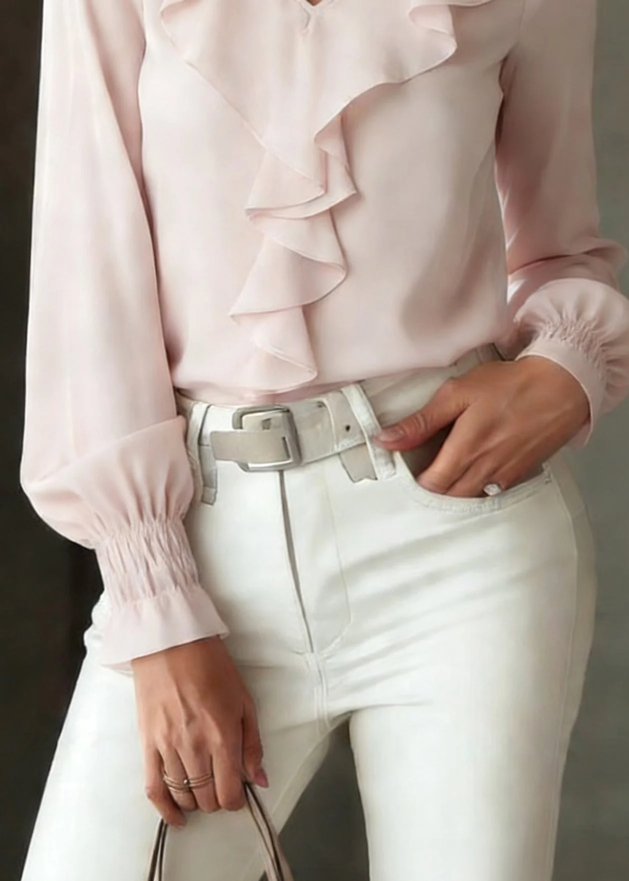 Cute Light Pink Ruffled Patchwork Silk Shirt Lantern Sleeve - Image 4