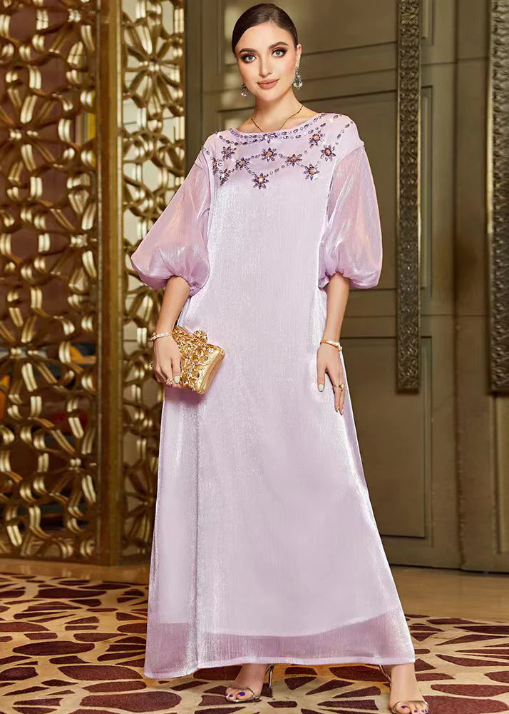 Cute Light Purple O-Neck Zircon Tulle Holiday Long Dress Lantern Sleeve - Image 2