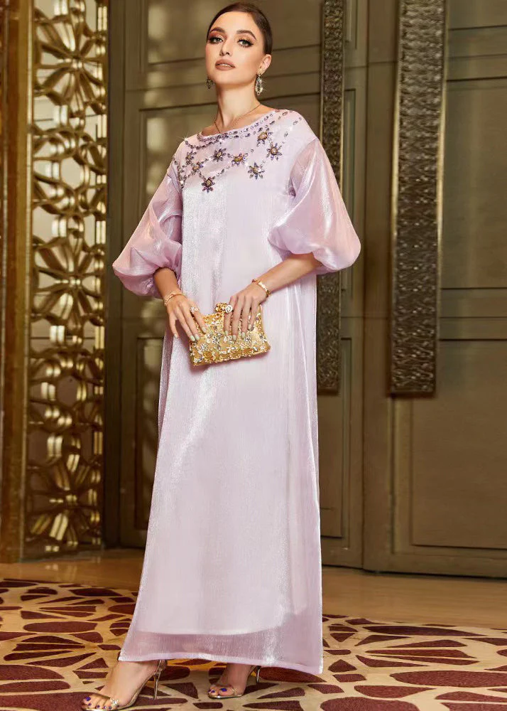 Cute Light Purple O-Neck Zircon Tulle Holiday Long Dress Lantern Sleeve - Image 3