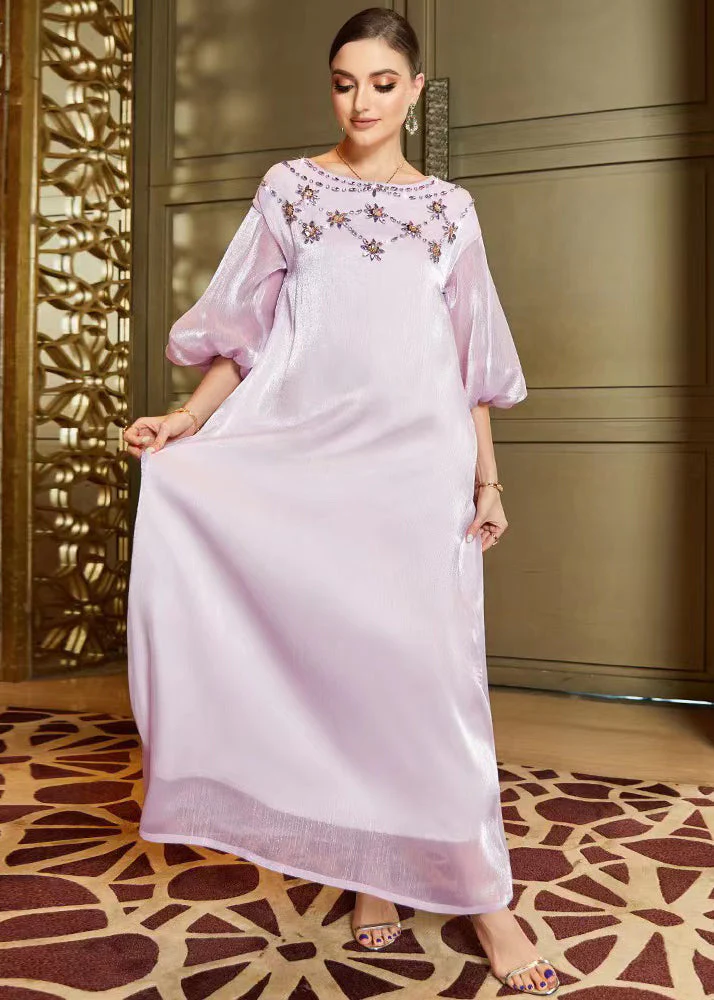 Cute Light Purple O-Neck Zircon Tulle Holiday Long Dress Lantern Sleeve - Image 4