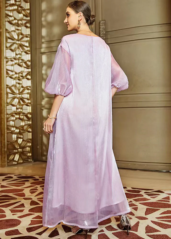 Cute Light Purple O-Neck Zircon Tulle Holiday Long Dress Lantern Sleeve - Image 5