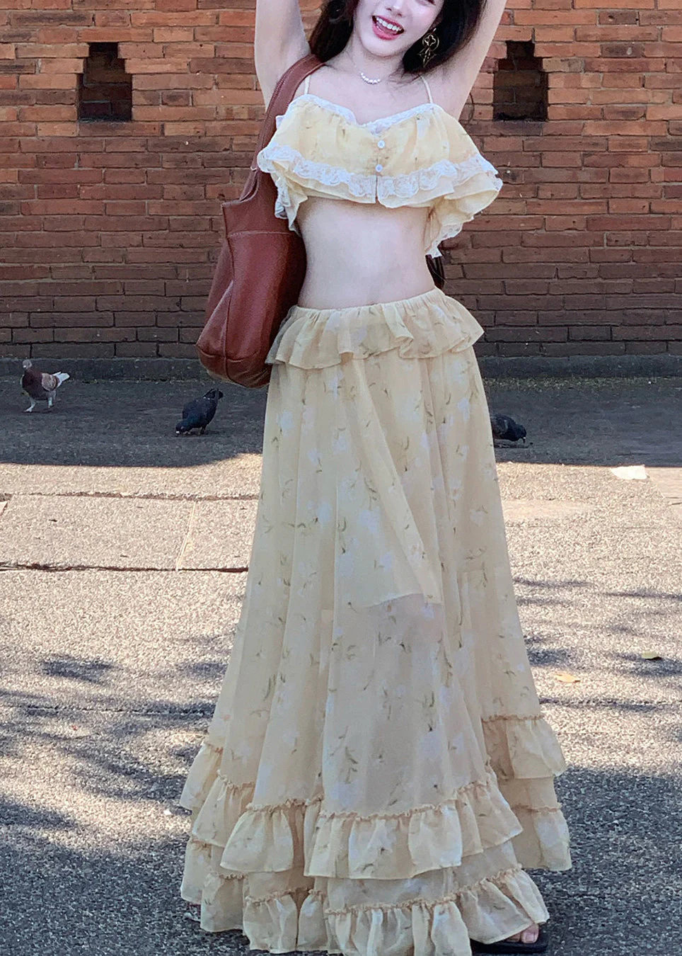 Cute Light Yellow Ruffled Lace Patchwork Vest And Maxi Skirts Two Piece Set Sleeveless - Image 2