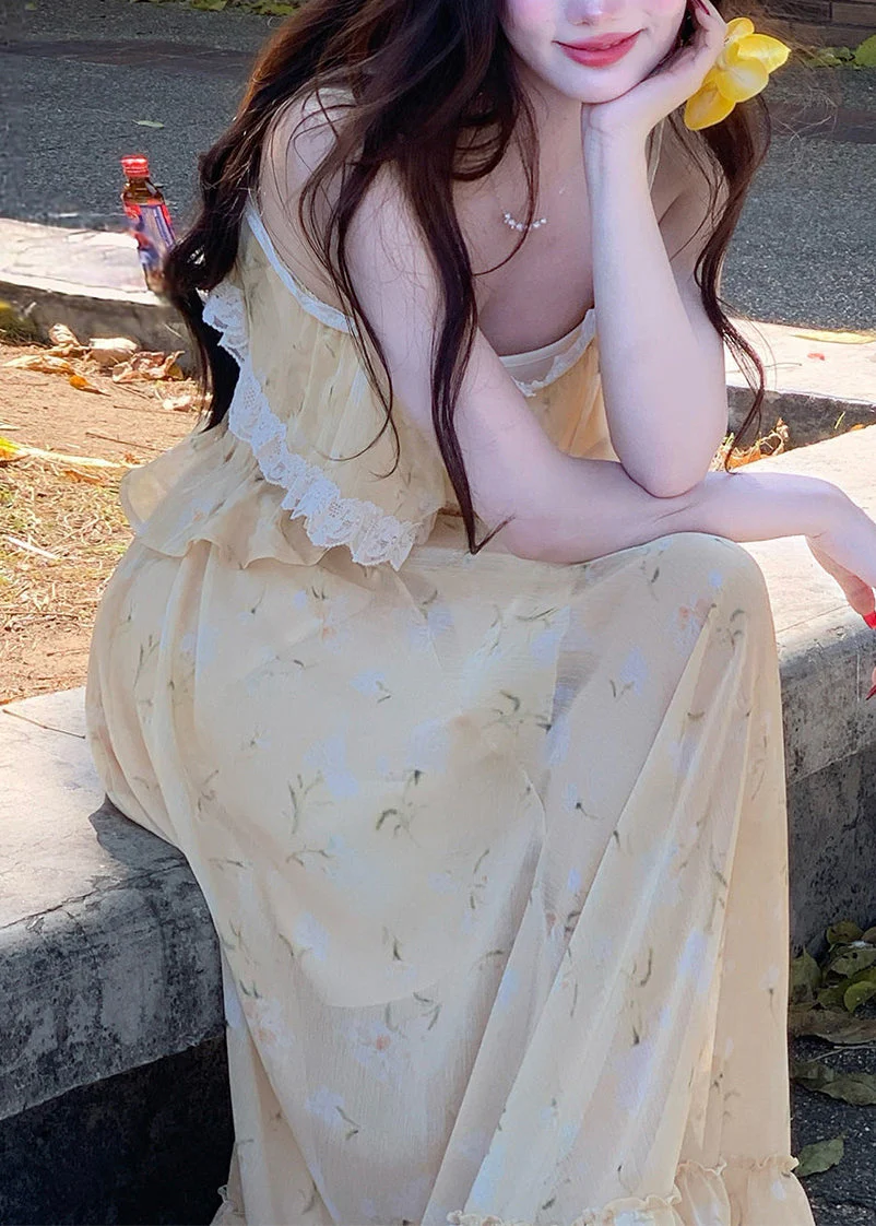 Cute Light Yellow Ruffled Lace Patchwork Vest And Maxi Skirts Two Piece Set Sleeveless - Image 4