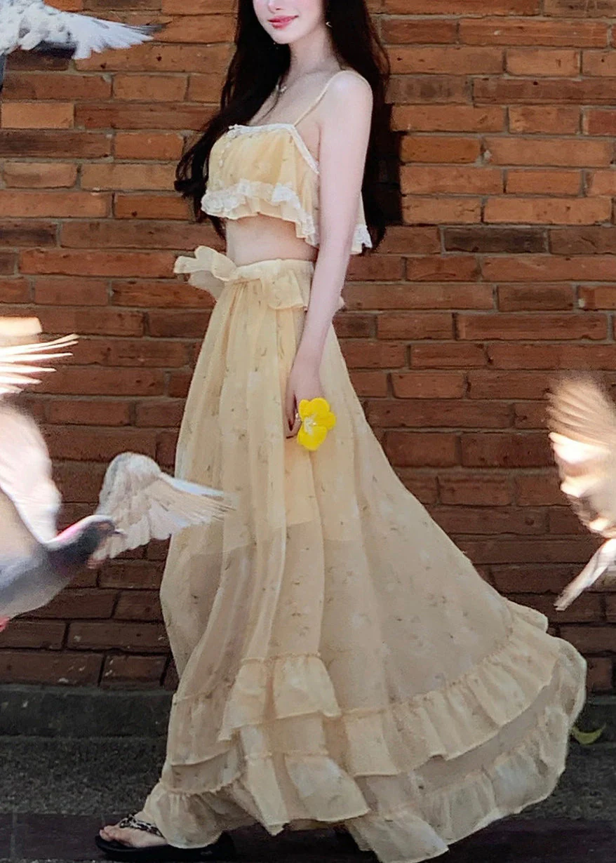 Cute Light Yellow Ruffled Lace Patchwork Vest And Maxi Skirts Two Piece Set Sleeveless - Image 5