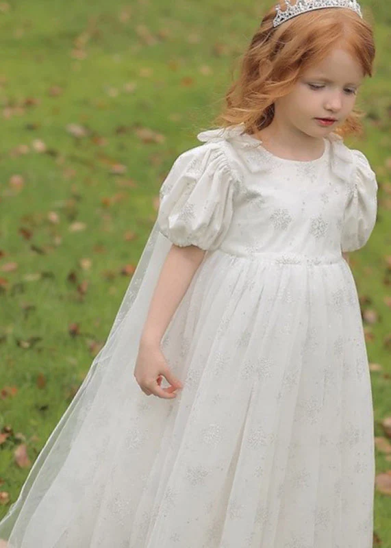 Cute Lighy Blue O-Neck Patchwork Wrinkled Tulle Kids Long Dress Summer - Image 2