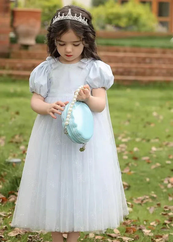 Cute Lighy Blue O-Neck Patchwork Wrinkled Tulle Kids Long Dress Summer - Image 3