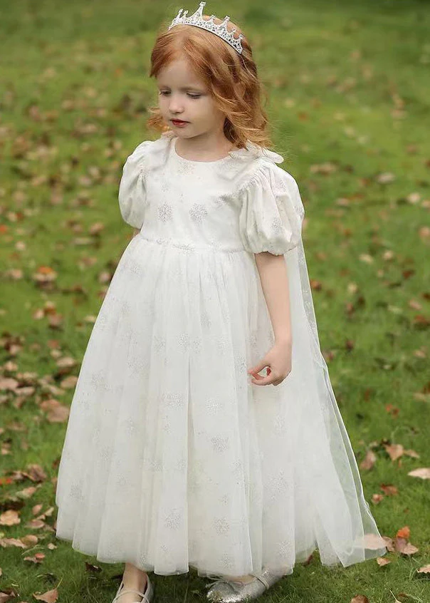 Cute Lighy Blue O-Neck Patchwork Wrinkled Tulle Kids Long Dress Summer - Image 4