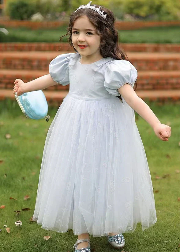 Cute Lighy Blue O-Neck Patchwork Wrinkled Tulle Kids Long Dress Summer - Image 5