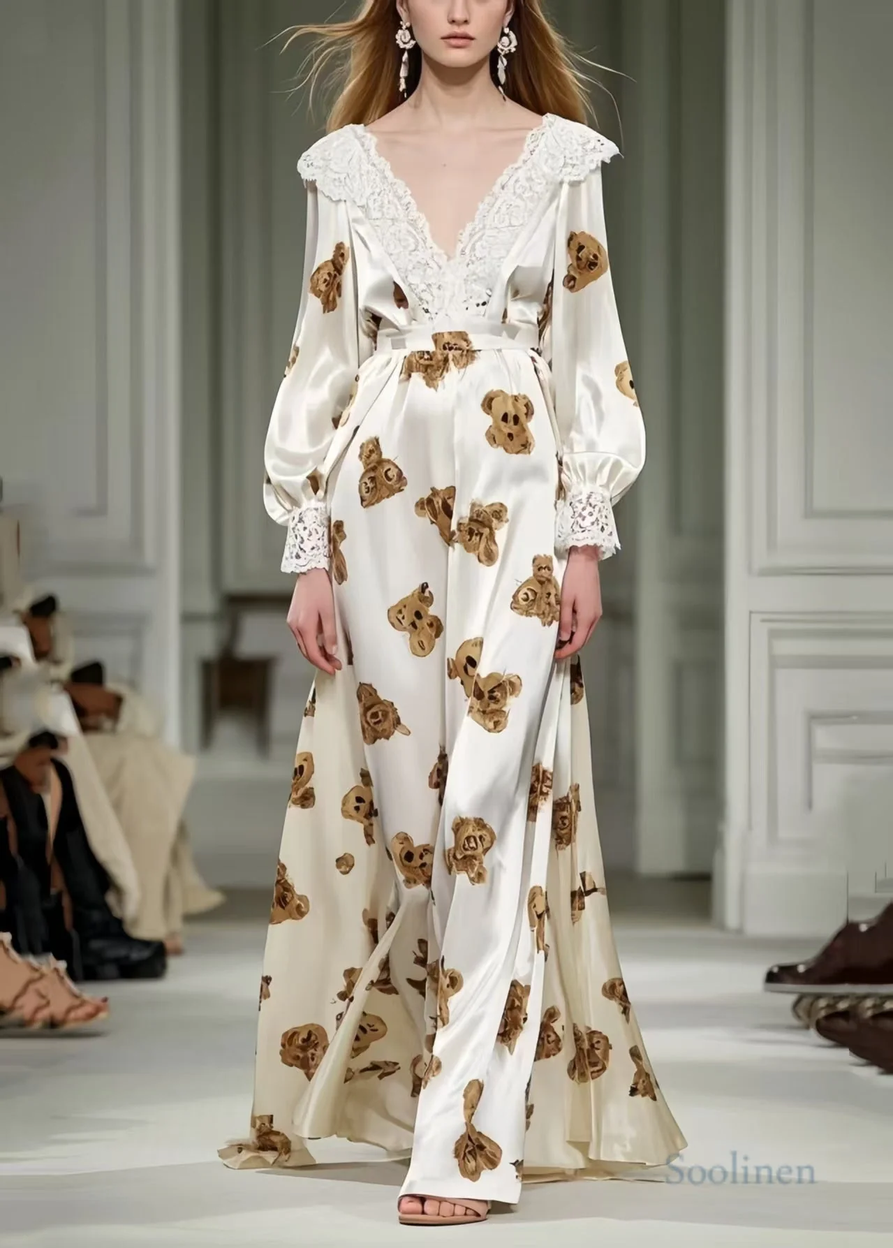 Cute Little Bear Print Patchwork Lace Silk Long Dress Spring